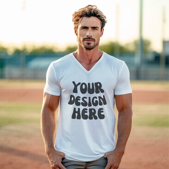 Male White V-neck Tee Mockup White Bella Canvas 3005 Mock up