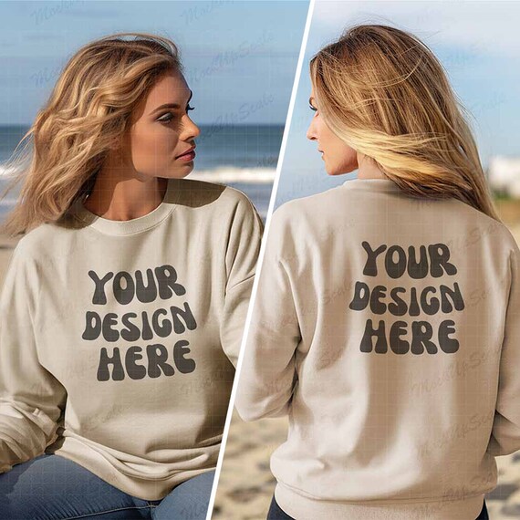 Female Sand Sweatshirt Front and Back Mockup Sand Gildan 18000 Mockup Woman Both Sides Sweater Template Beach Setting Etsy Australia