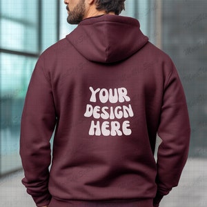 Male Maroon Hoodie Back Mockup | Maroon Gildan 18500 18600 Back Mockups | G185 G186 Maroon Back mock | Maroon zip hoodie back mocks