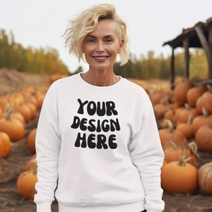Halloween Mocks 18000|Gildan 18000 White Mockup| Senior Gildan Sweater Mockup|Sweatshirt Woman Model Mockup|Fall Sweatshirt Mockup 18000