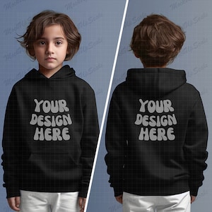 Kid Black Front and Back Hoodie Mockups | Black Gildan 18500B Mockup | Both sides Kid Black Gildan Hoodie Mockup | template for designer