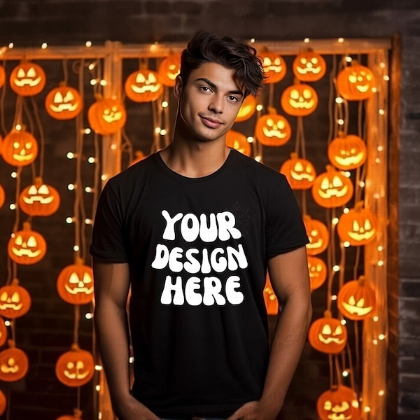 Male Black Tshirt Mockup | Black Bella Canvas 3001 Mock up | Halloween party setting | witchful tshirt mock up with pumpkin lights template