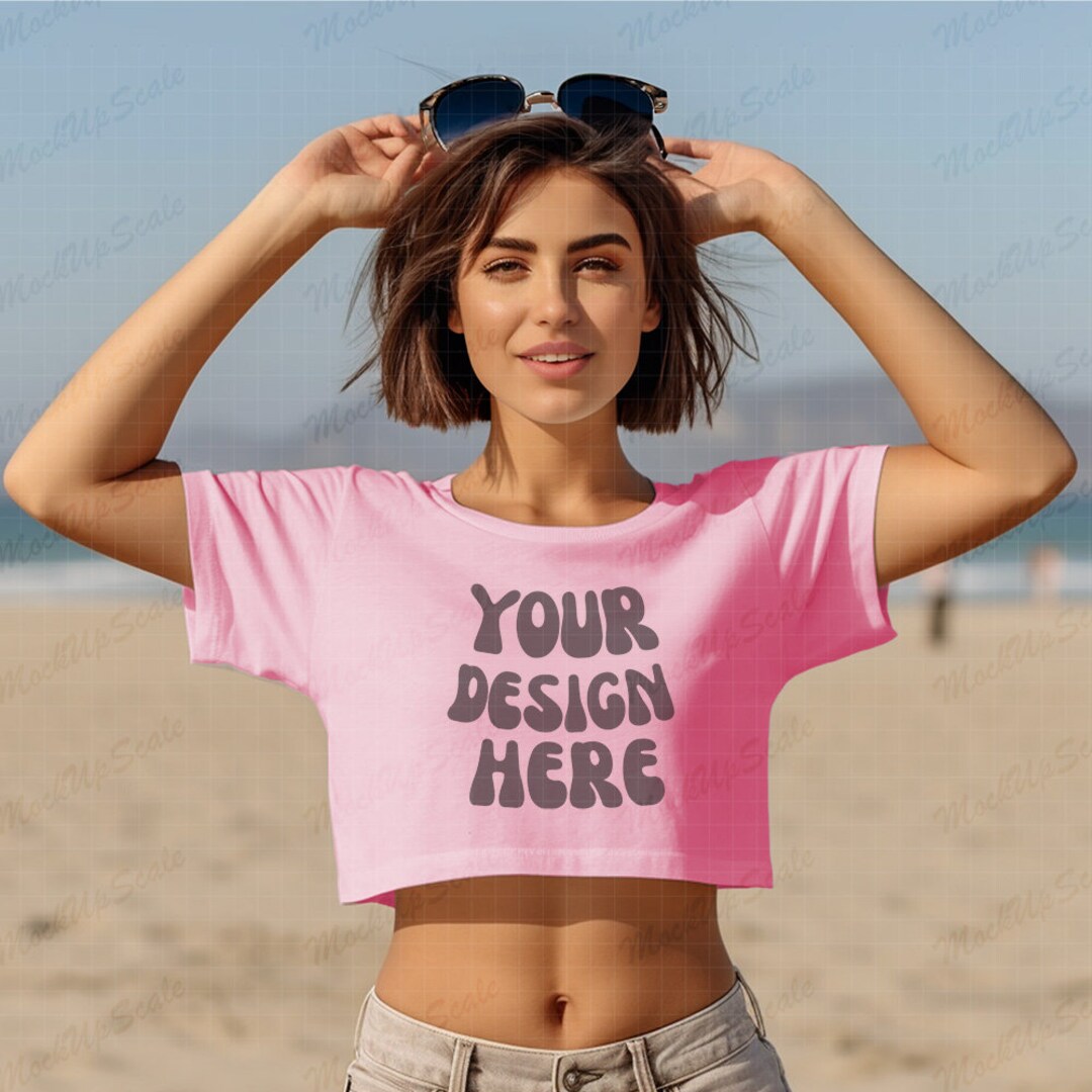 Female Pink Candy Cropped Tee Mockup Champion T453W Pink Candy Template