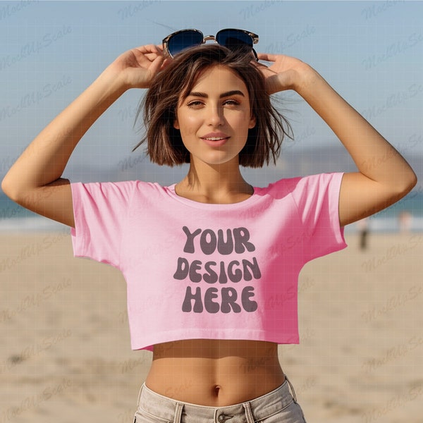 Female Pink Candy Cropped Tee Mockup | Champion T453W Pink Candy template | Crop Top Tshirt beach mockup with sunglasses | Beach setting