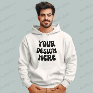 Male White Hoodie Mockup | Gildan 18500 Mockups | g185 White Hoodie Mock | Hooded Sweatshirt Fall Mockup | G 18500 Hooded Sweatshirt Male