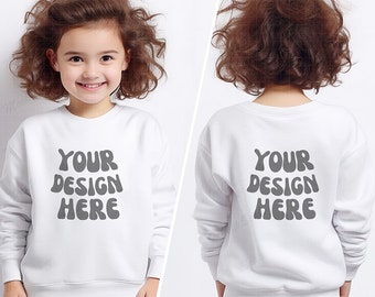 Youth White Front and Back Sweatshirt Mockups | Kid White Gildan 18000B Mockup | Little girl model Both sides White Gildan Sweater Mockup