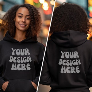 Africa American Female Black Hoodie Both sides Mockups | Black Gildan 18500 Mockup | Front and back Black Hoodie Template | street view mock