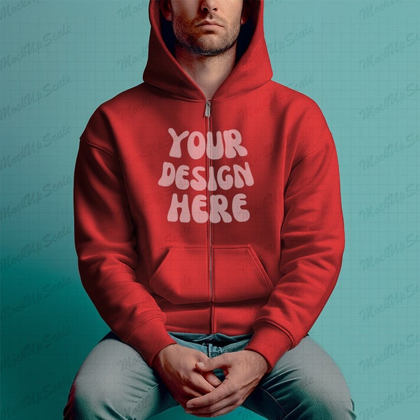 Male Red Zip Hoodie Mockup | Gildan 18600 Mockups | g186 Red Zip Hoodie Mock | clean background   Red blank zip hoody | mens hoodie with zip