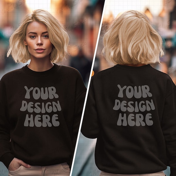 Female Dark Chocolate Sweatshirt Front and Back Mockup | Dark Chocolate Gildan 18000 Mockups | Both sides sweater street mock sweatshirt