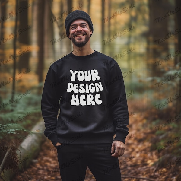 Male Black Sweatshirt mockup SQUARE | Black Gildan 18000 Mockups | Crewneck Sweatshirt |Male Outdoor Mountain mock up|mockup with beanie hat