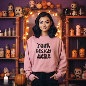 Asian Female Light Pink Sweatshirt Mockup | Light Pink Gildan 18000 mockups | Halloween Mocks 18000 | pumpkin | candle | halloween gift shop