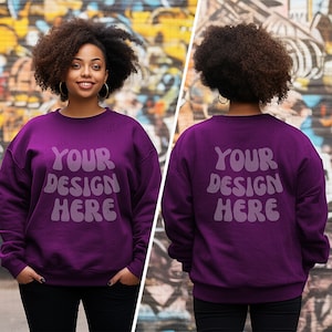 Africa American Female Plum Sweatshirt Front and Back Mockup | Plum Gildan 18000 Mockup | Both sides plus size woman sweater street mock up