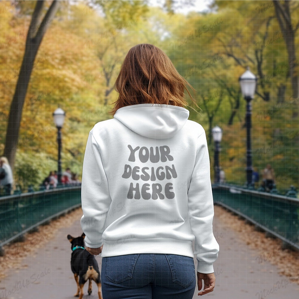 Snorider Design Female White Hoodie Back Mockup | White Gildan 18500 18600 Back Mockups | White Hoodie Back Park Mock | Hoodie Back Mock With Dog Walking