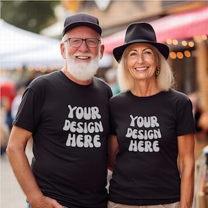 Senior Black Tshirt sqaureMockup | Black Bella Canvas 3001 Mockups | Couple pair Mocks | Old couple with Natural hair | mock up with hat