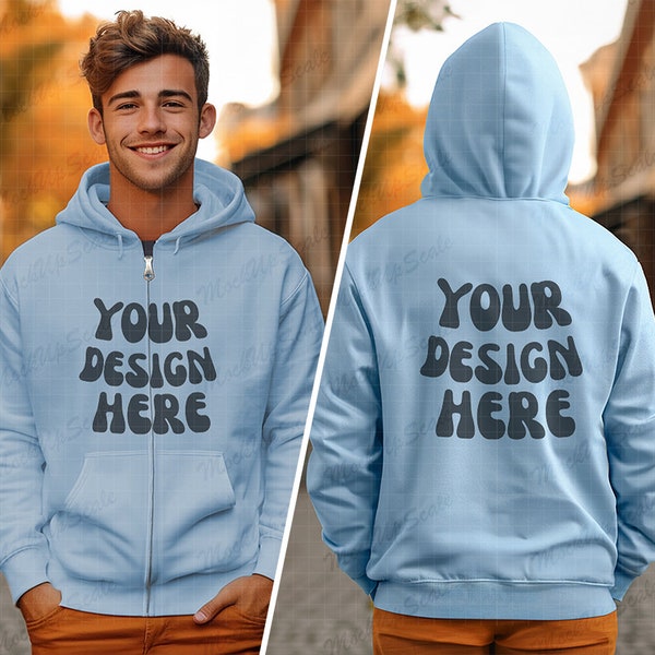 Male Light Blue Zip Hoodie Front and back Mockup | Light Blue Gildan 18600 zip hoody Mockup | Both Side Light Blue zip hoodie street setting