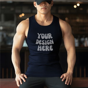 Muscular Asian Male Model Navy Tank top Mockup | Navy Gildan GD12 tank top mock up with black hat | indoor setting | man with muscle model