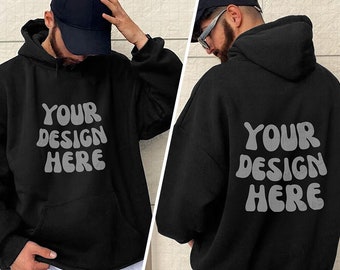 Male Black Hoodie Front and back Mockups | Both side Black Gildan 18500 Mockups | rugged male with beard and hat | black hooded street mocks