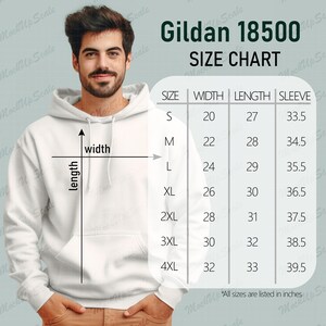 Gildan 18500 Hoodie S-4XL Size Chart for Man| G185 Man&#39;s Hoodie Size Chart | G18500 Hoodie Size Chart Mockup | Men&#39;s Size Guide White