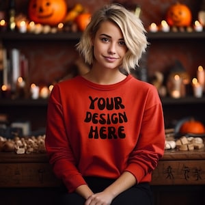 Gildan 18000 Red Mockup|Halloween Mocks 18000| Female Gildan Sweater Mockup|Sweatshirt Woman Model Mockup|Fall Sweatshirt Mockup 18000