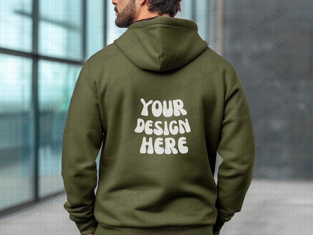 Male Military Green Hoodie Back Mockup | Military Green Gildan 18500 18600 Back Mockups | G185 G186 Military Green Zip Hoodie Back Mocks Teesummer