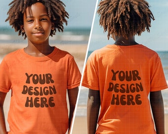 Africa American Boy Orange Both Sides Tshirt Mockups | Youth Orange Gildan 5000B Mockup | Kid Front and Back Orange Tee Beach Setting Mock