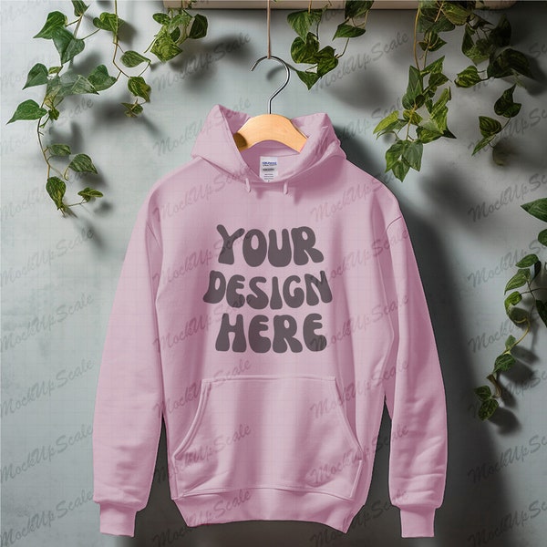 Light Pink Hoodie on Hanger Mockup | Light Pink Gildan 18500 Mockups | G185 Light Pink hoodie hanging template | leaves background