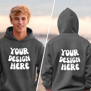 Male Charcoal Hoodie Front and back mockup | Both Sides Charcoal Gildan 18500 Mockups | Young Blonde male hoodie mock up | beach setting