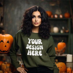 Gildan 18000 Military Green Mockup|Halloween Mocks 18000|Female Gildan Sweater Mockup|Sweatshirt Woman Model Mockup|Fall Sweatshirt Mockup