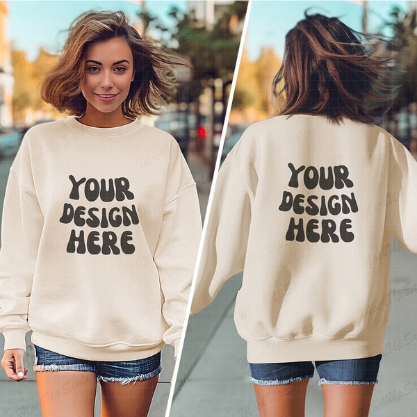 Female Sand Sweatshirt Front and Back Mockup | Sand Gildan 18000 Mockups | Both sides sweater street mock sweatshirt template for designer