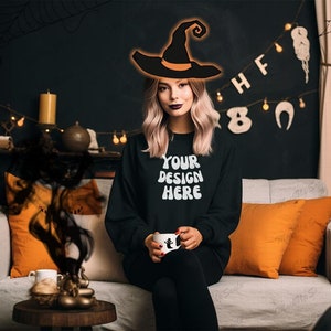 Halloween Video Mockup|Gildan 18000 Black Mockup|Female Gildan Sweater Mockup|Sweatshirt Woman Model Mockup|Fall Sweatshirt Mockup 18000