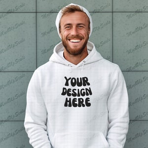 Male White Hoodie SQUARE Mockup | Gildan 18500 Mockups | g185 White Hoodie Mock|clean wall mock |mockup with white beanie | mock up with hat