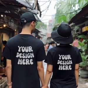 Couples White Tshirt Back square Mockup | Black Bella Canvas 3001 Mockups | Asian Couple Mode street Mocks | Men and Women Back tee Mockup