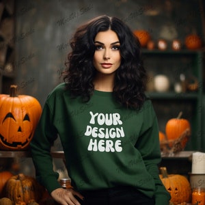 Gildan 18000 Forest Green Mockup SQUARE |Halloween Mocks 18000|Female Gildan Sweater Mockup|Sweatshirt Woman Model|Fall Sweatshirt Mockup