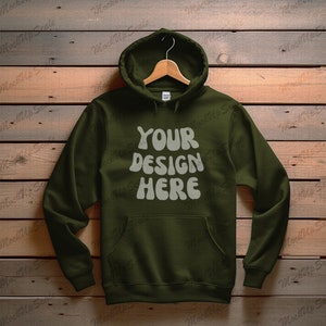 Military Green Hoodie Flat lay Mockup | Military Green Gildan 18500 Mockups | G185 Military Green mock | flat-lay hoodie on hanger wooden