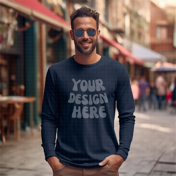 Male Navy Long Sleeve mockup | Navy Gildan 2400 Mockups | Bella Canvas 3501 mock up | long sleeve tshirt Street mockup