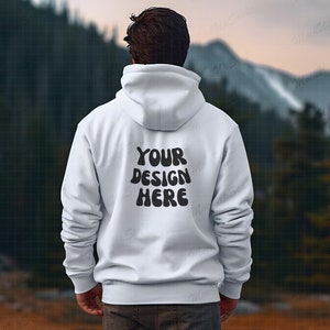 Männer Weiß Hoodie Zurück Mockup | Weiß Gildan 18500 18600 Zurück Mockups | G185 G18 White Back mock | natürlicher Bergspott | Kapuze mit Reißverschluss hinten