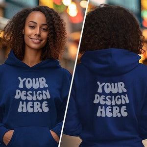 Africa American Female Royal Hoodie Both sides Mockups | Royal Gildan 18500 Mockup | Front and back Black Hoodie Template | street view mock