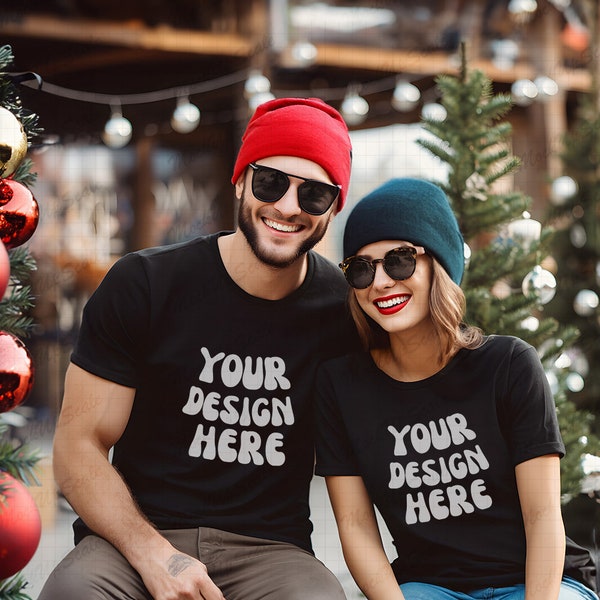 Couples Black Tshirt Mockup | Black Bella Canvas 3001 Mockup | Christmas Couple T-shirt Square Mockup | Matching Red Green hat | pair of tee