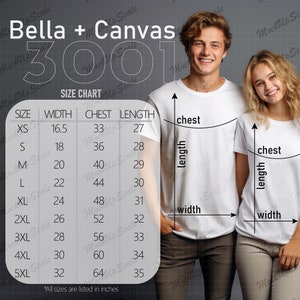 Bella Canvas 3001 S-5XL Size Chart for Couple | BC3001 Size Chart | Couple&#39;s Tshirt Size Chart |BC3001 Couple T shirt Measurements white