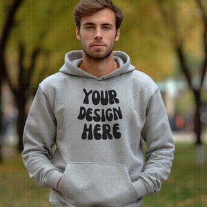 Male Gray Hoodie Mockup | Gildan 18500 sport grey Mockups | g185 sport gray Hoodie Mock | park setting | outdoor setting | mock up with tree