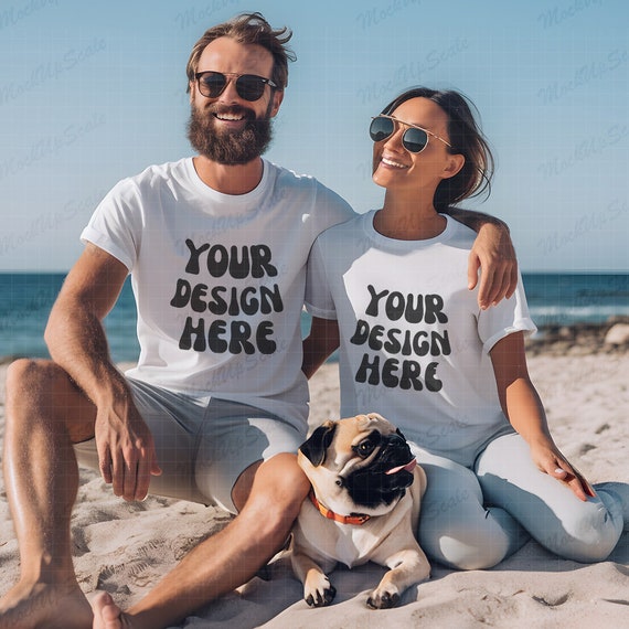 Couples White Tshirt Mockup White Bella Canvas 3001 Mock Couples With a Pug  Dog Men and Women Mock up Rugged Men Beach Setting 