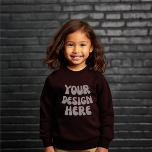Asian Girl Model Maroon Sweatshirt Mockup | Maroon Gildan 18000B Mockups | G180B Kid Maroon sweater mock | wall background | studio setting