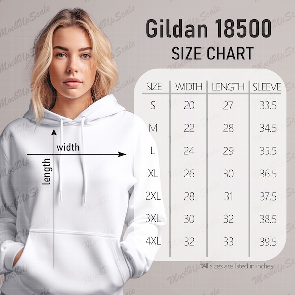 Gildan 18500 Hoodie S-4XL Size Chart for Woman | Woman's Hoodie Size Chart | G185 Hoodie Size Chart Mockup | G18500 Size Chart White