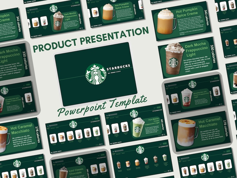May include: A green and white Starbucks PowerPoint template with images of various coffee drinks and their calorie counts. The template includes a Starbucks logo and the text "Product Presentation" and "Powerpoint Template".