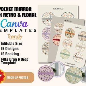 以下が含まれることがあります： レトロとフローラルのデザインのポケットミラーテンプレートのプレゼンテーション。画像には、ミラーのモックアップ写真と、さまざまなフローラルパターンを備えたデザインシートが含まれています。画像上のテキストには「Pocket Mirror Mix Retro & Floral」と「Canva Templates」が含まれています。