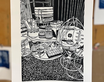 Linocut Print: ‘The Breakfast Bench’ - Feeding Tube Art