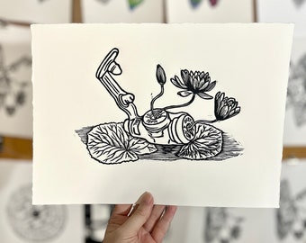 Hand Printed Linocut Print: “Persist” Feeding Tube Awareness Art