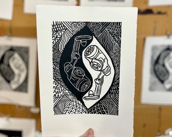 Linocut Print: “Complex/Balance” Feeding Tube Awareness Art