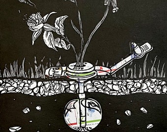 Linocut Print: Underlying Growth (Chine Collé) - Feeding Tube Awareness Art
