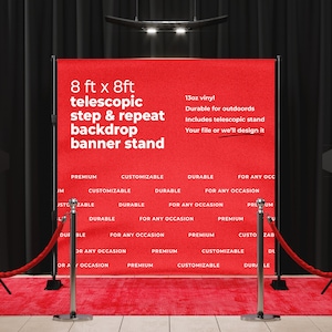 May include: Red 8 ft x 8 ft telescopic step and repeat backdrop banner stand with a black metal frame. The banner is made of 13oz vinyl and is durable for outdoor use. It includes a telescopic stand and can be customized with your own design or file.